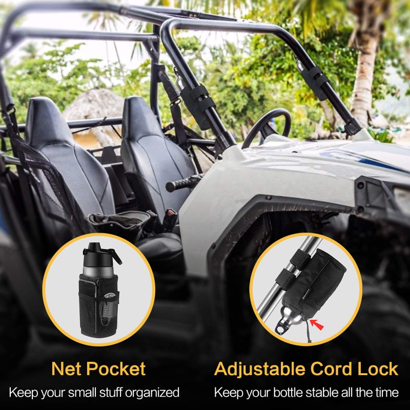 GEARV 2Pack Cup Holder for Bike, Scooter and Wheelchair, Water Bottle Holder for UTV/ATV, Walker, Golf Cart and Beach, Universal Drink Holder Accessories with Net Pocket and Cord Lock (Black) - Image 4